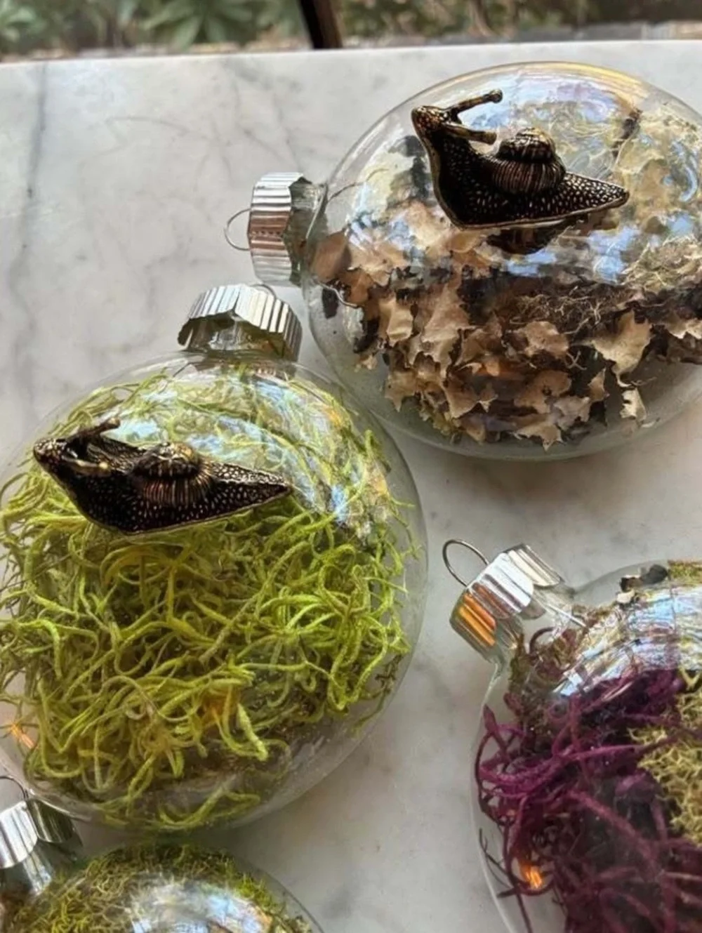 Cottagecore moss & (one )snail ornament set of 4